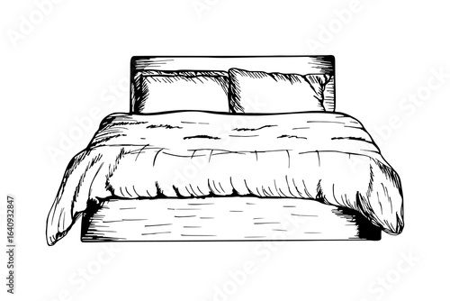 Hand-drawn vector illustration of a bed with pillows. Bedroom items, furniture, comfortable home, hotel decor sketch drawing. Outline drawing in engraving style, isolated on white background