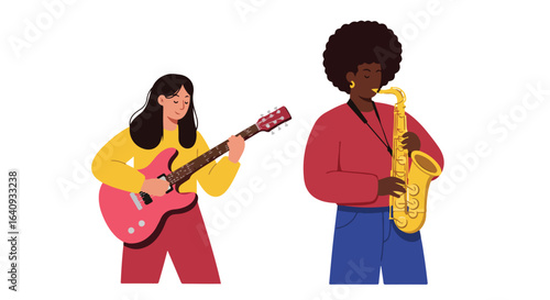 Musicians Girl plays a pink guitar. Person plays a golden saxophone, and they are expressive