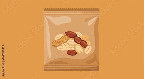 Sealed transparent package with peanuts, light colored nuts, and dark brown almonds