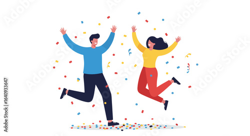 People rejoice in the air surrounded by confetti, celebrating with smiles, joy