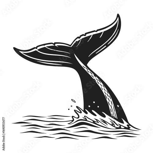 Black and White Whale Tail Splashing in Ocean Illustration