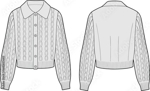 Women’s button-up cable knit cardigan sweater front and back view, long sleeve winter fashion, flat sketch, technical drawing, clothing design template