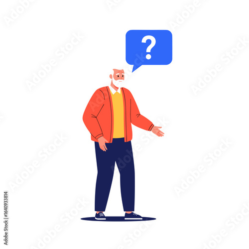 Elderly man pondering a difficult question with a thought bubble showing a question mark