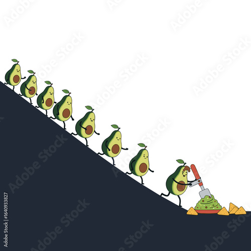Avocado characters march downhill towards guacamole making station