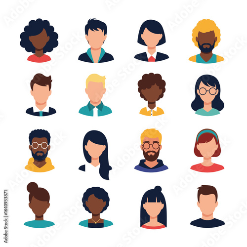 Diverse collection of stylized avatars representing people of various ethnicities and genders