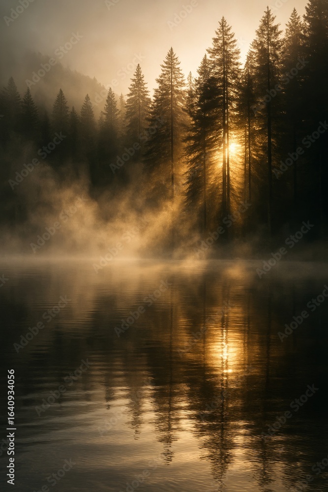 Fototapeta premium Morning Fog Over Mountain Lake