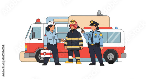 First responders team Paramedic, firefighter, and police officer standing together. Emergency services cooperation vector illustration.