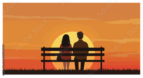 Sunset Silhouette Couple sitting on bench watching a vivid sunset skyline