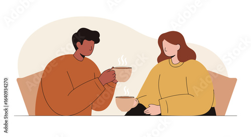 Couple enjoy warm drinks; abstract illustration, cozy vibes, relaxed scene