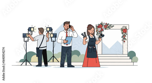 Wedding preparation service concept with a team of professionals coordinating the event setup and decorations.