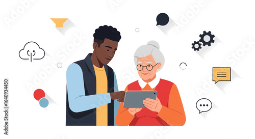 A helpful young man assists an elderly woman with a tablet, illustrating intergenerational learning and digital literacy.
