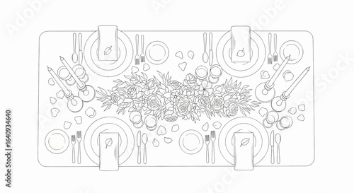 Elegant dining table setting concept, a top-down view illustration of a formal banquet layout with a greenery centerpiece.