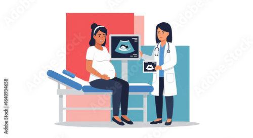 Obstetrician explaining sonogram results to an expectant mother during a prenatal check-up. Maternity healthcare concept.