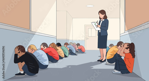 School safety procedure in action, with a teacher observing children practicing a lockdown drill in a hallway.