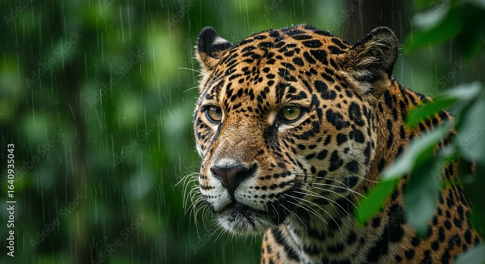 Obraz premium Rain falling on jaguar’s face in dense jungle