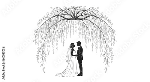 Romantic black and white illustration of a bride and groom sharing a moment of love under a symbolic tree with sprawling roots and branches