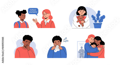 Illustrations Depicting Children's Mental and Physical Health School Counseling, Illness, and Comfort