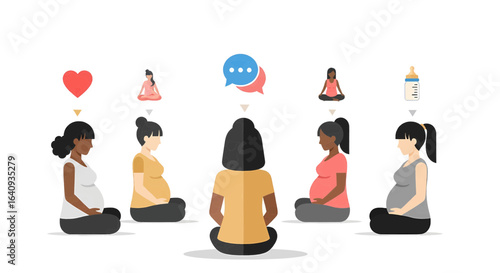 Diverse group of pregnant women attending a prenatal class. Expectant mothers sitting in a circle for support and community.