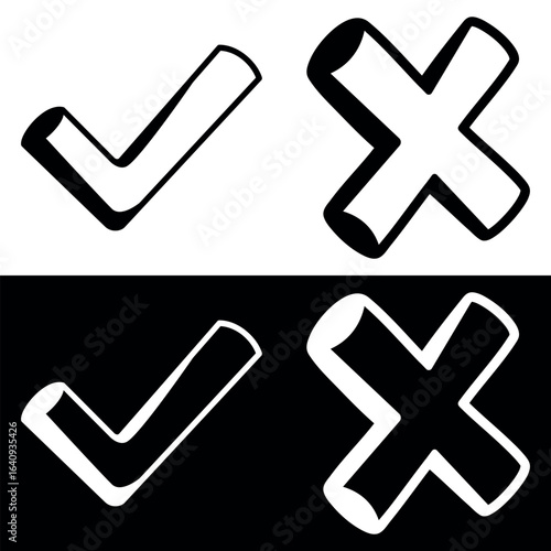 Tick and cross icon set. Dual Toned Check and Cross Icons. Vector illustration isolated on black and white background.