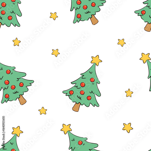 Hand Drawn Seamless Christmas Tree Pattern with Stars and Festive Background Vector