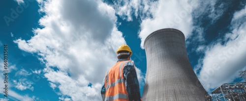The industrial worker observing a nuclear power plant against a dramatic sky