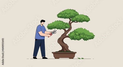 A man is trimming a bonsai tree in a pot, leaves, and pruning shears are present