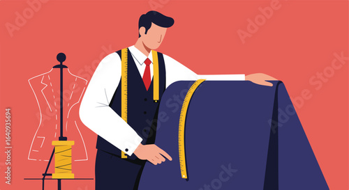 Flat, faceless man works with fabric; a mannequin stands on coral background