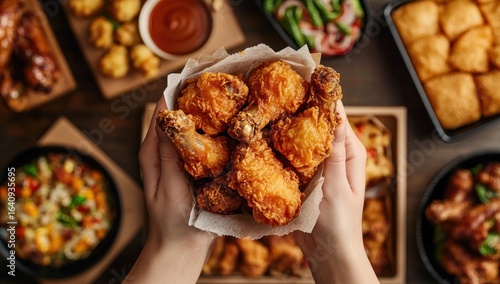 Top-Down View of Hands Holding Delicious Fried Chicken, Surrounded by Side Dishes and Appetizing Condiments