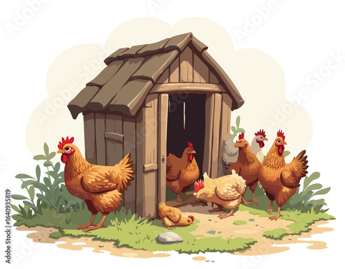 A charming illustration of a flock of chickens gathering around their rustic wooden coop in a grassy yard.