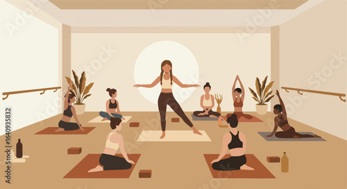 Women in yoga studio following instructor on mats doing balancing and seated poses