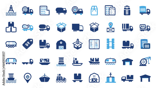 Collection of blue logistics and transportation icons including trucks ships and warehouses shown