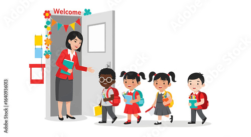 Teacher welcoming a diverse group of elementary students into the classroom on the first day of school.