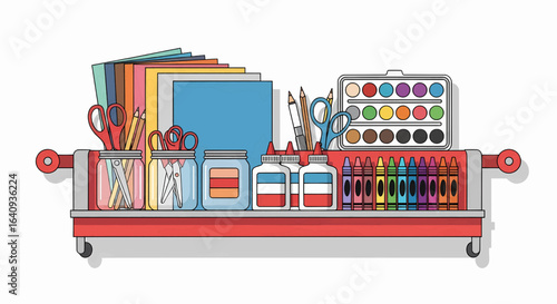 A rolling utility cart filled with colorful art and craft supplies for creative learning, drawing, and painting projects.