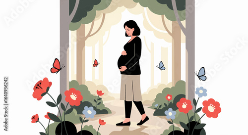 Illustration of a serene pregnant woman walking on a peaceful forest path, embracing motherhood amidst nature's beauty.