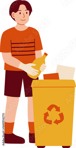 Boy Recycling Plastic Bottle Into Bin