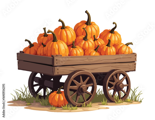 A rustic wooden farm cart overflowing with a bountiful harvest of bright orange pumpkins.