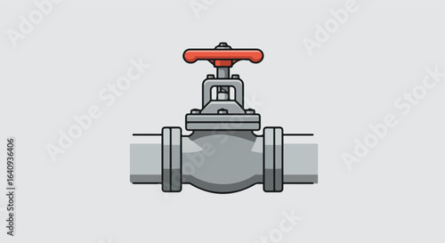 Gray piping with red valve on light background shows industrial pipeline system