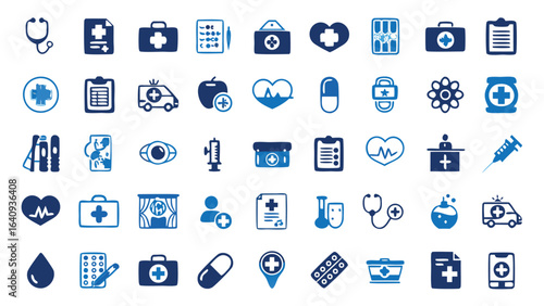 Collection of medical icons including stethoscope ambulance and first aid kit in blue color scheme