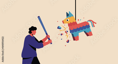 Striking a colorful donkey piñata with a bat, some pieces are flying off