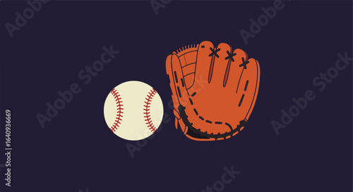 Beige baseball and brown glove with red stitching. Dark blue background