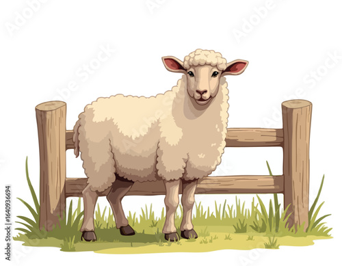 A cute white sheep stands on green grass in front of a rustic wooden fence.