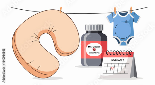 Maternity care essentials for expecting mothers. A vector illustration of pregnancy items including a pillow, vitamins, baby clothes, and a due date calendar.