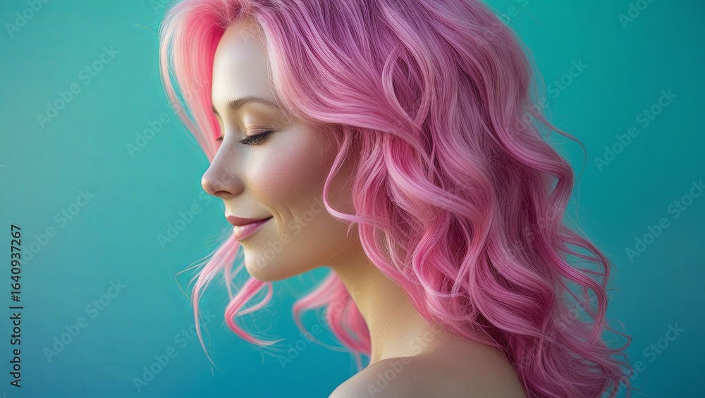 Obraz premium Side view of a woman with softly textured pink hair set against a teal backdrop