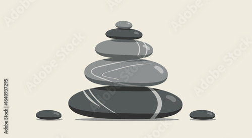 Stack of smooth river stones, balanced, arranged artfully. Two smaller ones aside