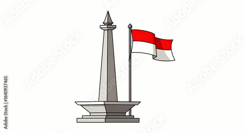 An illustration of an iconic Indonesian landmark monument with the national red and white flag waving, symbolizing independence and patriotism.