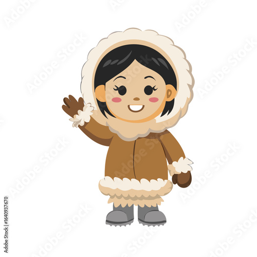 Cute Happy Inuit Girl Waving in Traditional Fur Parka or Anorak Cartoon Vector