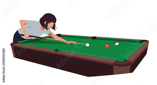 Woman aims cue stick, poised to strike ball on billiards table with red and striped balls