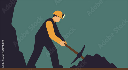 Miner works underground with a pickaxe, digging deep into dark earth in the cave