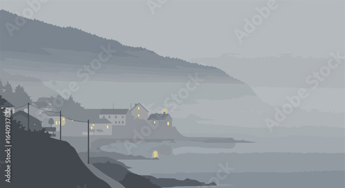 Foggy coastline village on a cliffside with houses lit up, mountains in the background