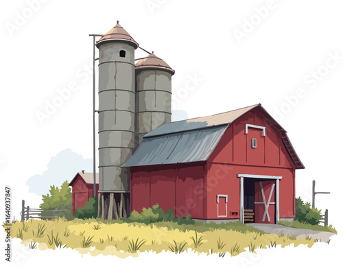 An illustration of a classic red barn with two tall grain silos in a rural, grassy field.